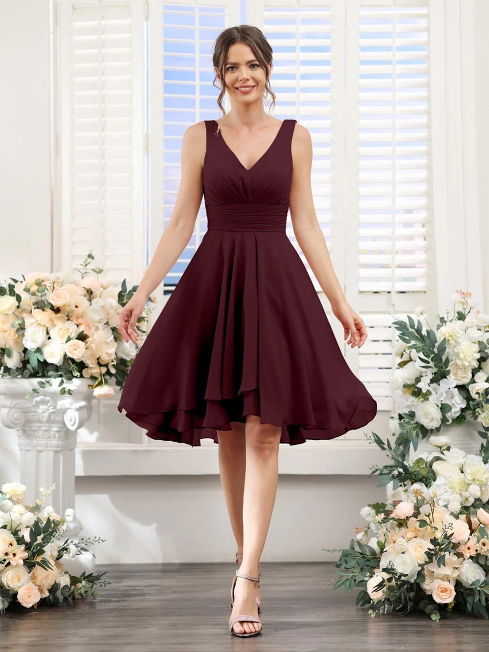 Sleeveless Burgundy V-Neck A-Line Dress
